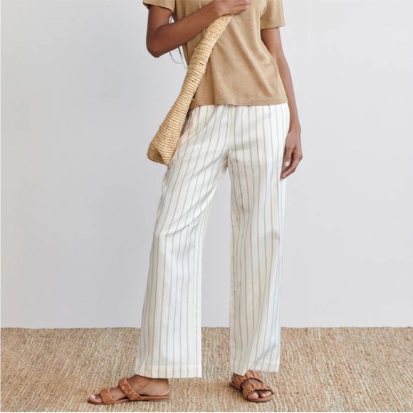 Jenni Kayne Pants - Jenni Kayne White and Blue Pinstripe Straight Leg Viscose Cotton Bianca Pants